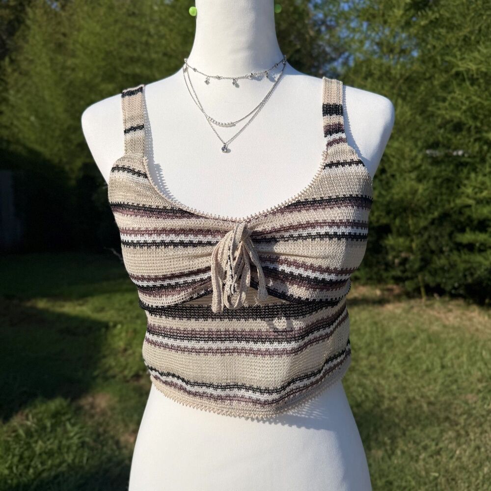 Striped Knit Crop Top Tie Front Cami Tank Brown Womens Medium